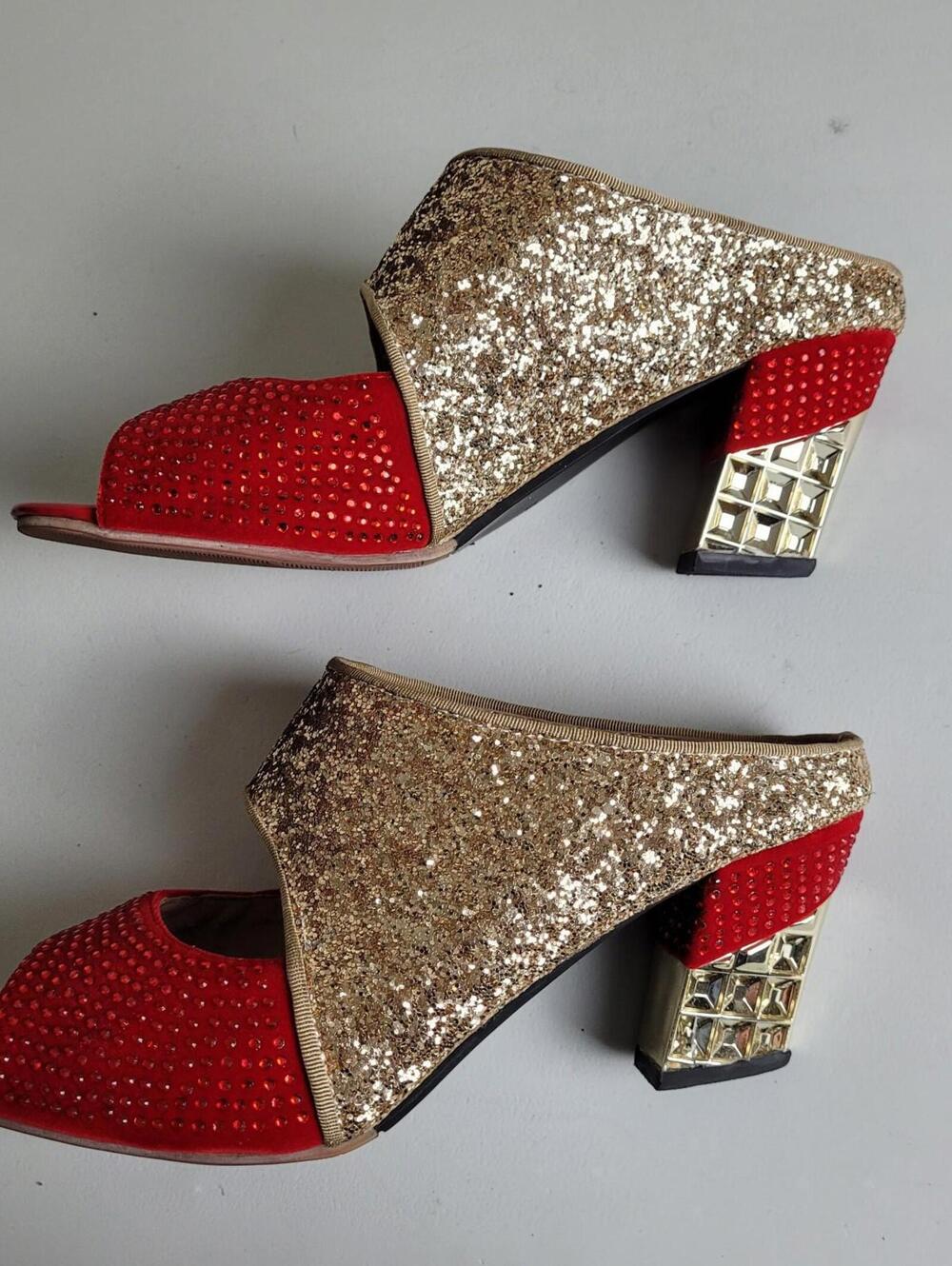 Sparkly Red Gold Women's Shoes Size 10 Slip On Novelty Triangular Heels